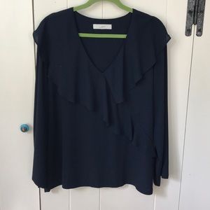 Loft long sleeve ruffled navy blouse